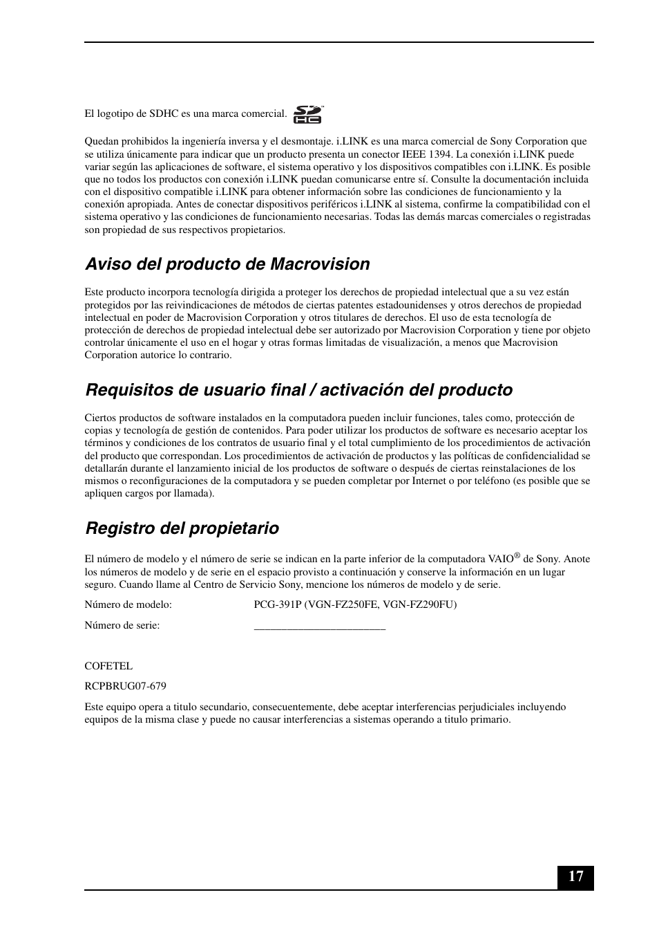 Aviso del producto de macrovision, Registro del propietario | Sony VGN-FZ290EGS User Manual | Page 17 / 28