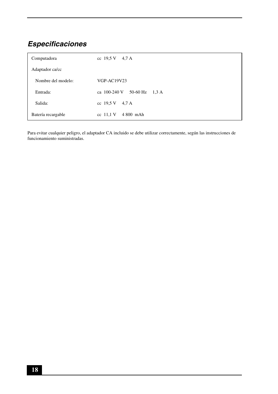 Especificaciones | Sony VGN-FZ290EGS User Manual | Page 18 / 28