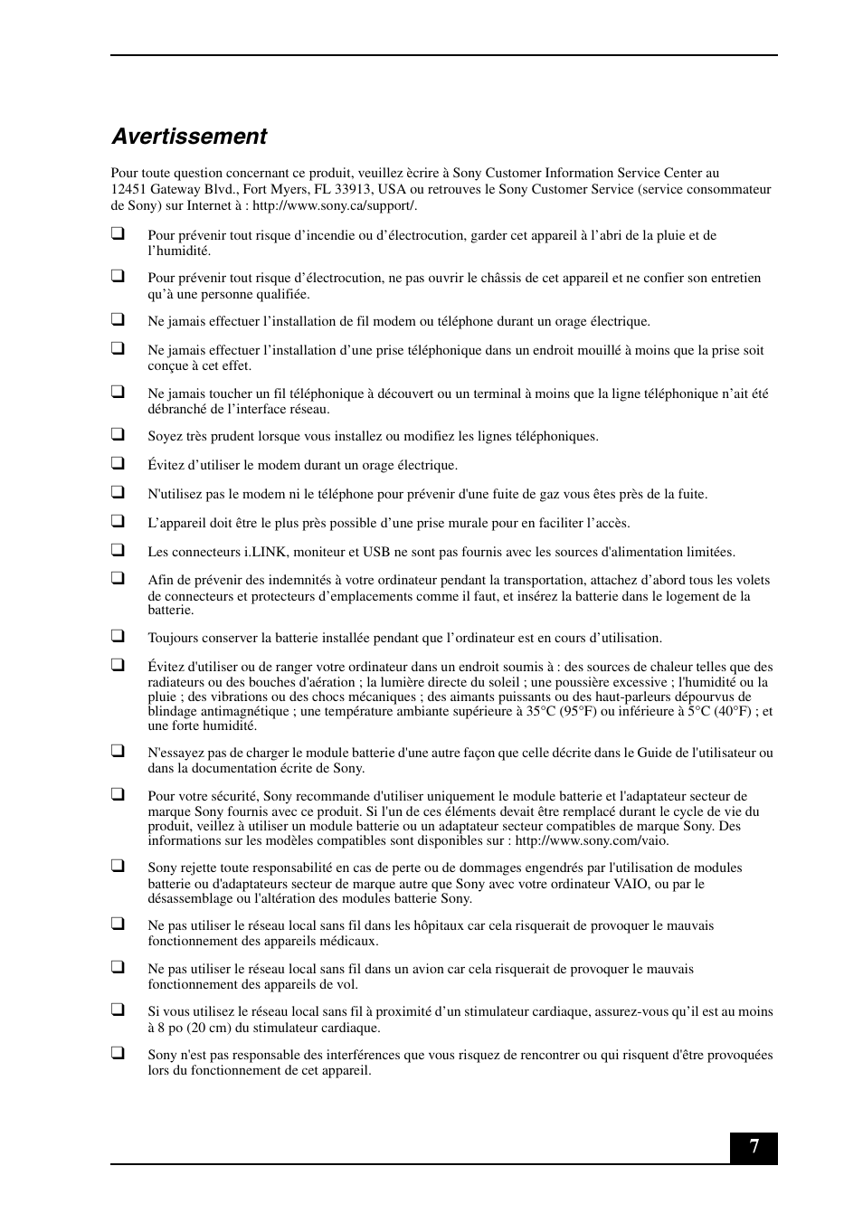 Avertissement | Sony VGN-FZ290EGS User Manual | Page 7 / 28