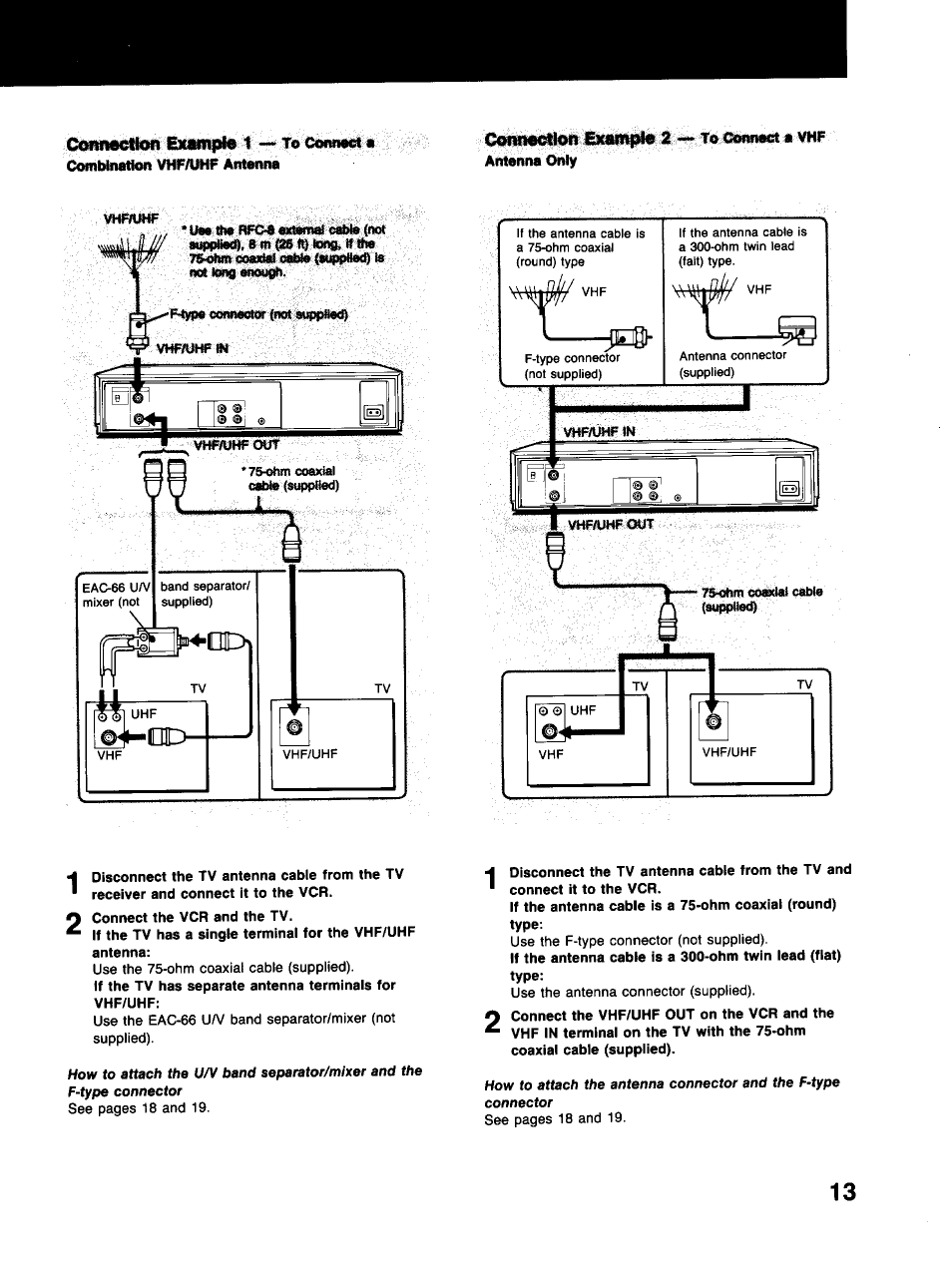 Cean^ton exnnpie, Conim^ton example 2 to omvwct a vhf antenna only | Sony SLV-373UC User Manual | Page 13 / 60