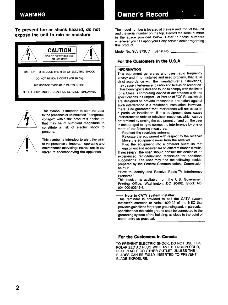 Warning, Owner’s record, Caution | For the customers in the u.s.a, For the customers in canada | Sony SLV-373UC User Manual | Page 2 / 60