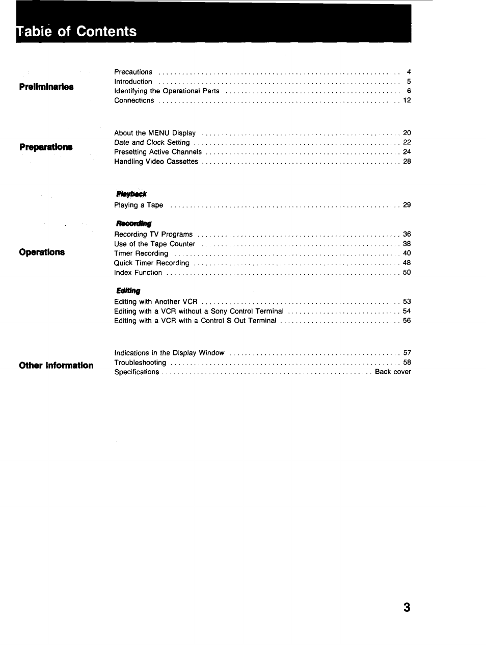 Able of contents, Preparations, Ftfwng | Sony SLV-373UC User Manual | Page 3 / 60