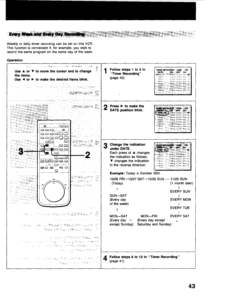 Follow steps 1 to 3 in “timer recording, Press p to make the date position blink, Change the indication under date | A follow steps 6 to 12 in "timer recording, Iirwy vn*k md evdty 0«y fteodnhng | Sony SLV-373UC User Manual | Page 43 / 60