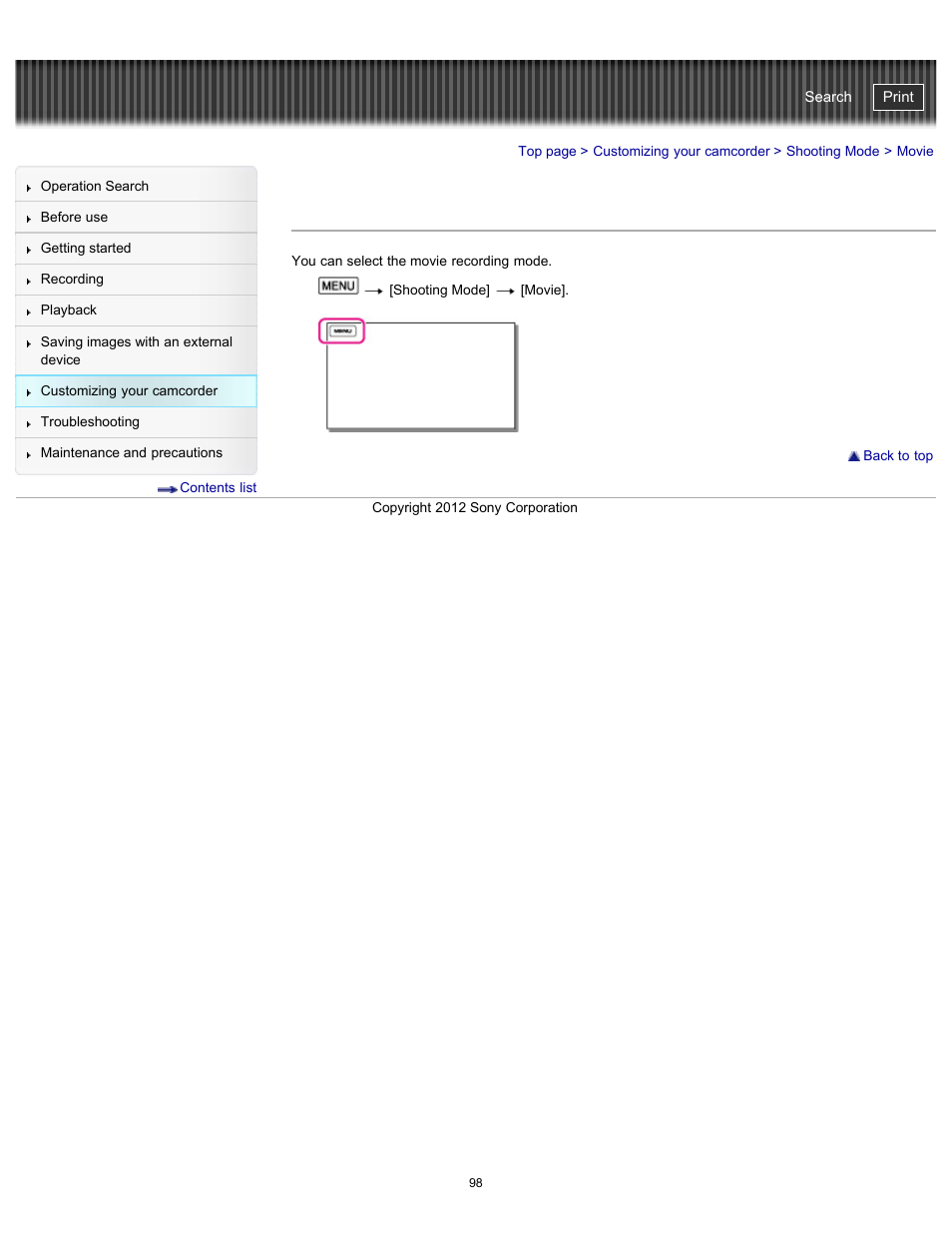 Movie, Handycam" user guide | Sony HDR-PJ580V User Manual | Page 107 / 257