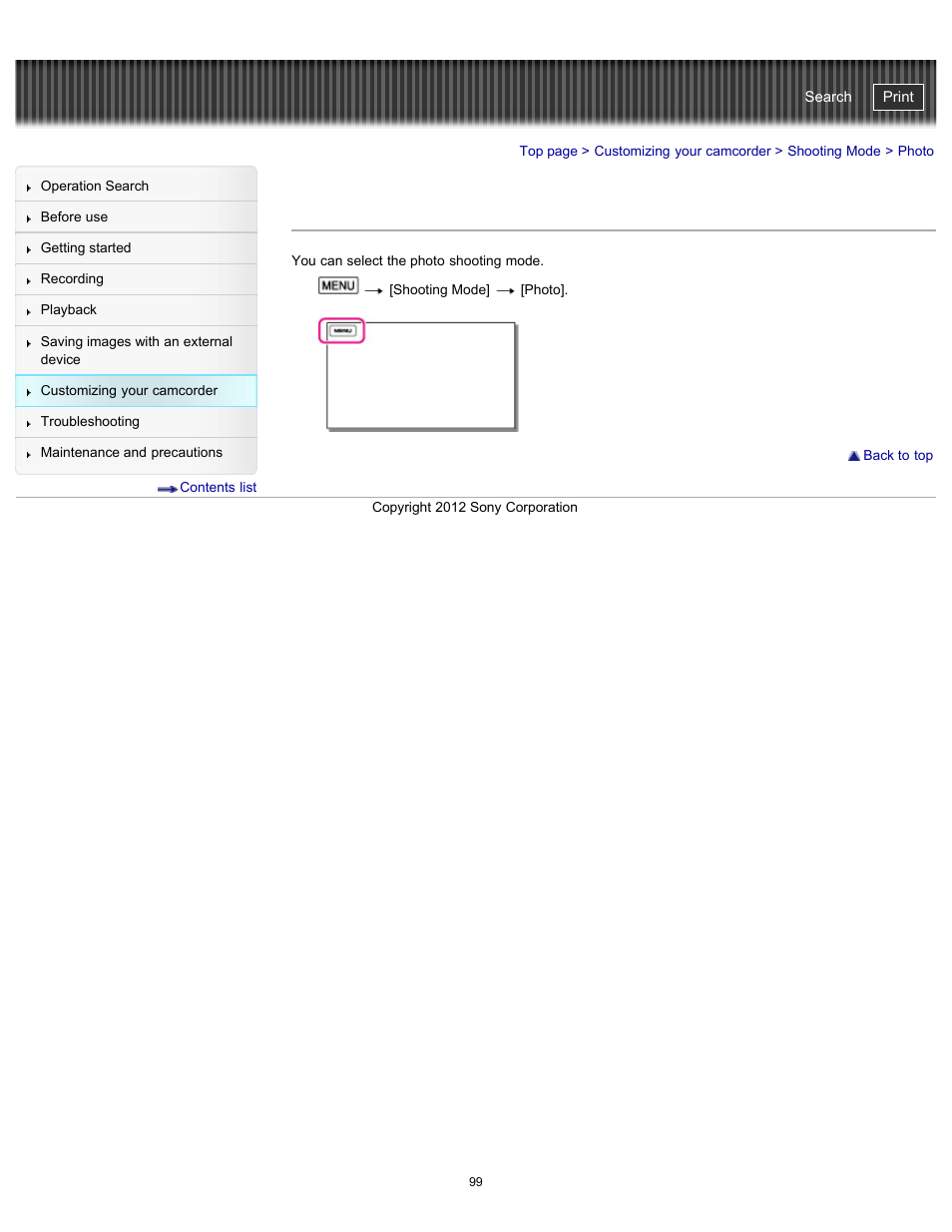Photo, Handycam" user guide | Sony HDR-PJ580V User Manual | Page 108 / 257