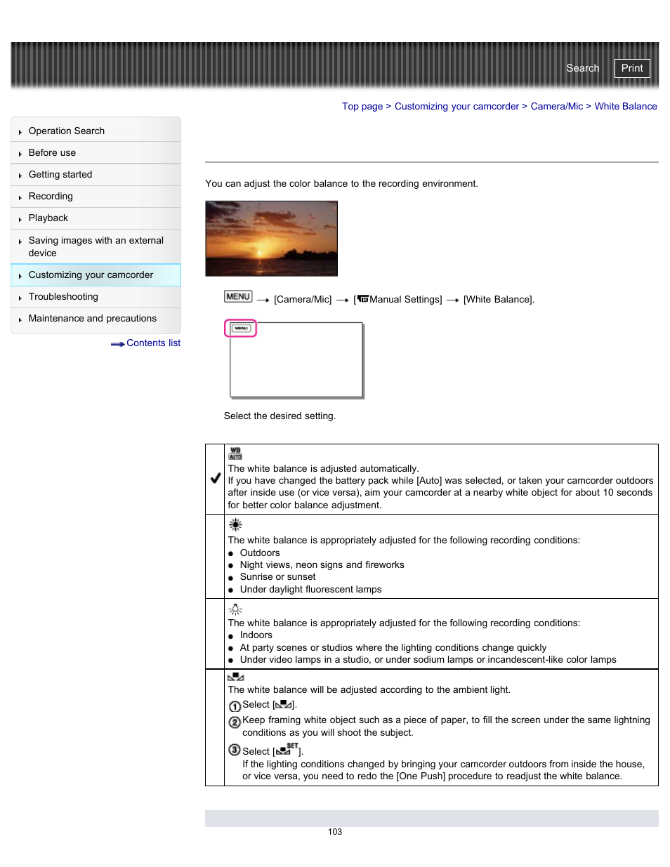 White balance, Handycam" user guide | Sony HDR-PJ580V User Manual | Page 112 / 257