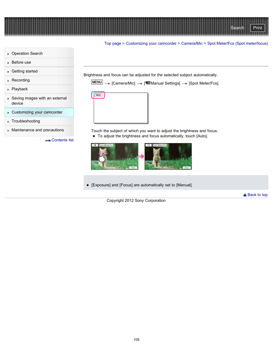 Spot meter/fcs (spot meter/focus), Handycam" user guide | Sony HDR-PJ580V User Manual | Page 114 / 257