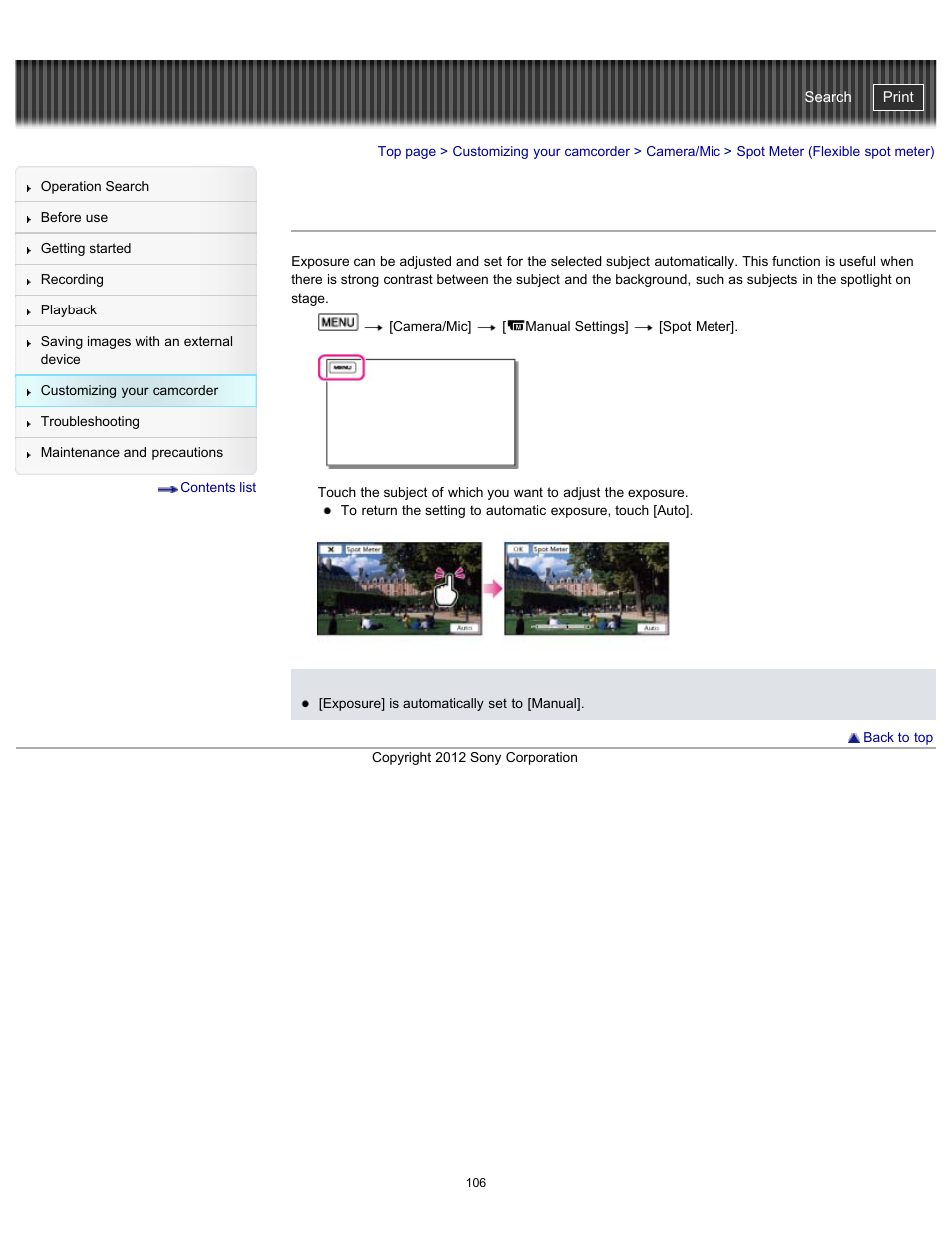 Spot meter (flexible spot meter), Handycam" user guide | Sony HDR-PJ580V User Manual | Page 115 / 257