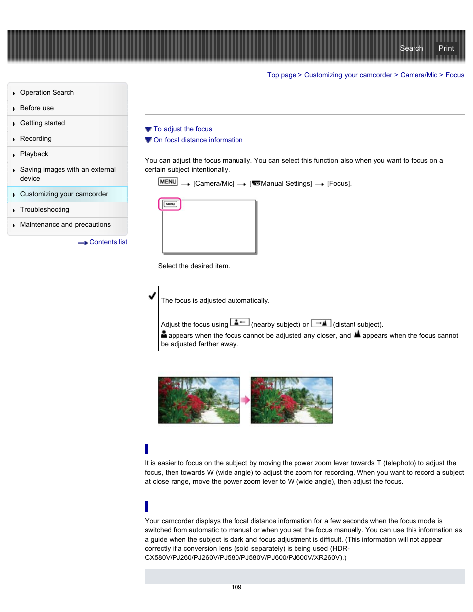 Focus, To adjust the focus, On focal distance information | Handycam" user guide | Sony HDR-PJ580V User Manual | Page 118 / 257