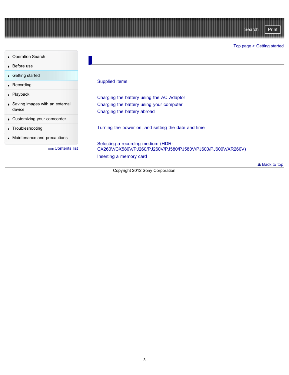 Getting started, Charging the battery pack, Preparing the recording media | Sony HDR-PJ580V User Manual | Page 12 / 257