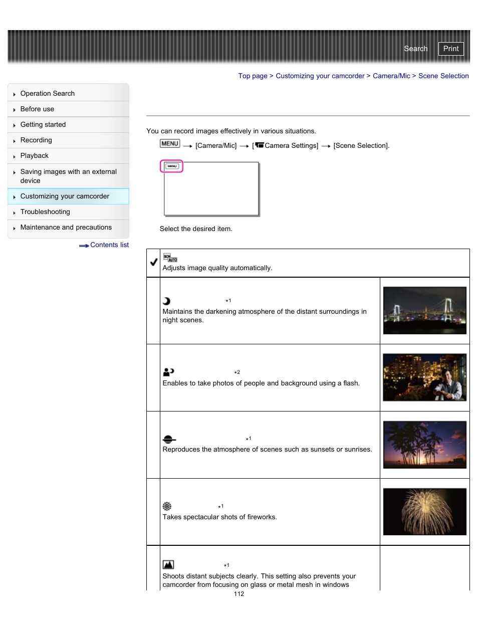 Scene selection, Portrait), Spotlight) | Night, Fireworks), Sunrise&sunset), Handycam" user guide | Sony HDR-PJ580V User Manual | Page 121 / 257