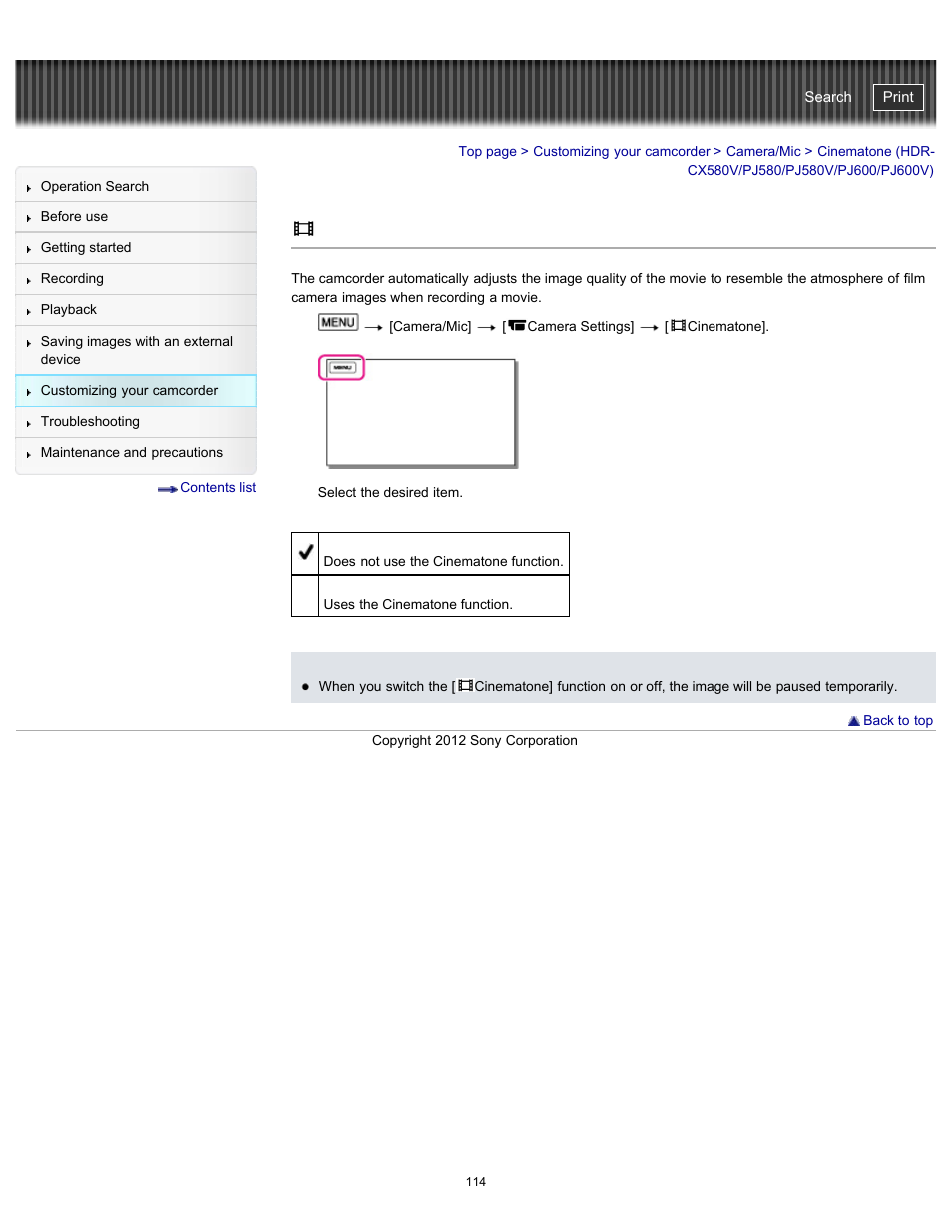 Cinematone, Cinematone (hdr-cx580v/pj580/pj580v/pj600/pj600v), Handycam" user guide | Sony HDR-PJ580V User Manual | Page 123 / 257