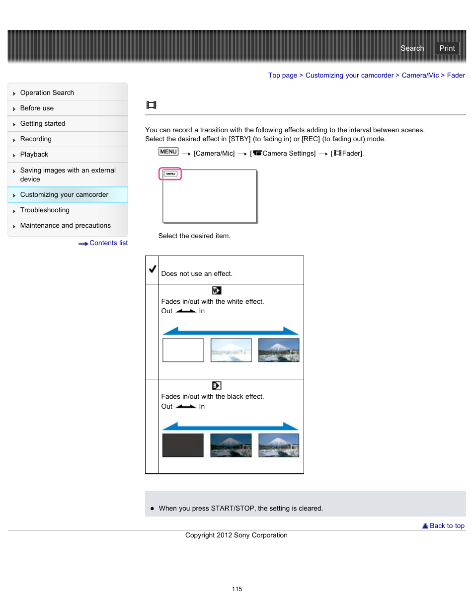 Fader, Handycam" user guide | Sony HDR-PJ580V User Manual | Page 124 / 257