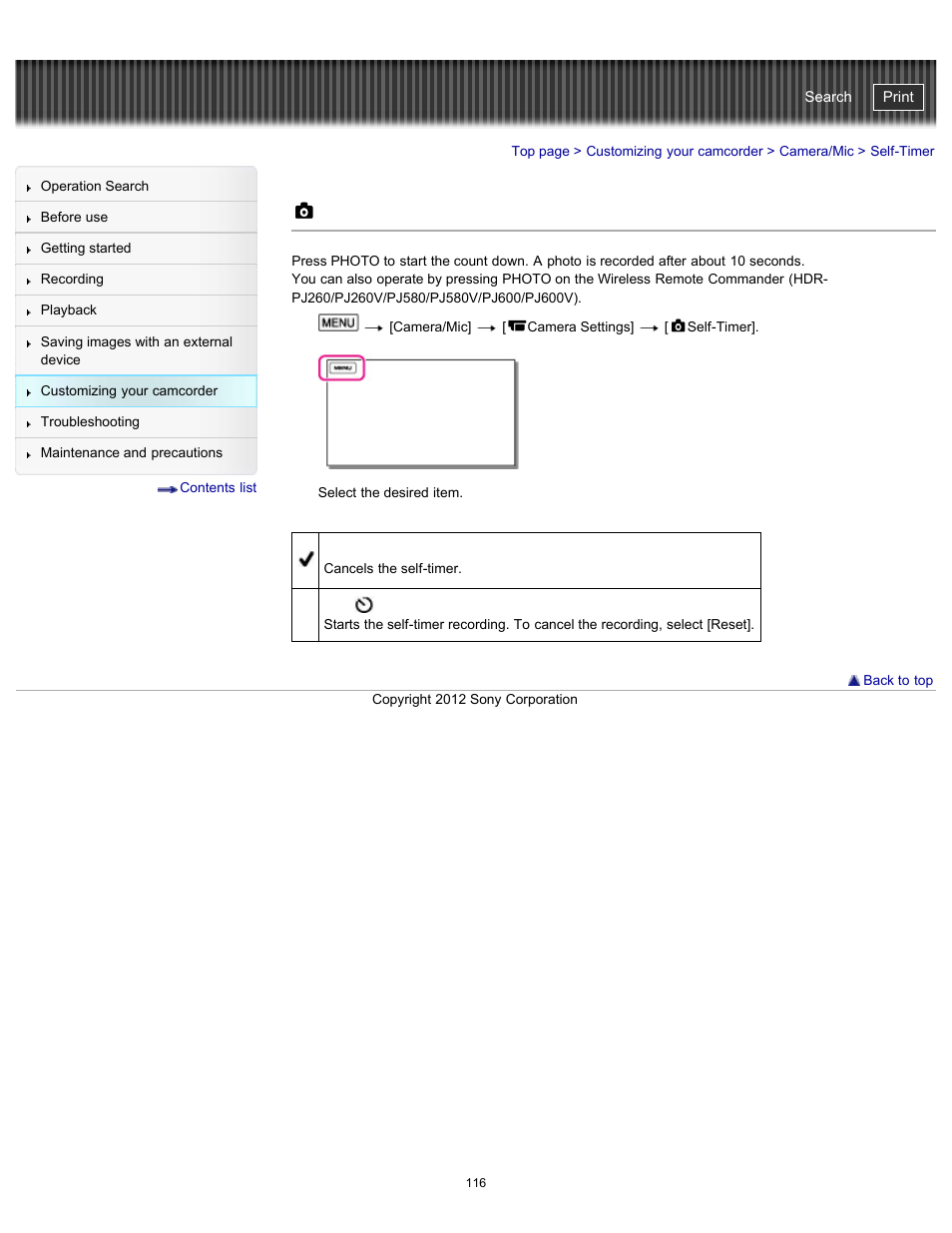 Self-timer, Handycam" user guide | Sony HDR-PJ580V User Manual | Page 125 / 257