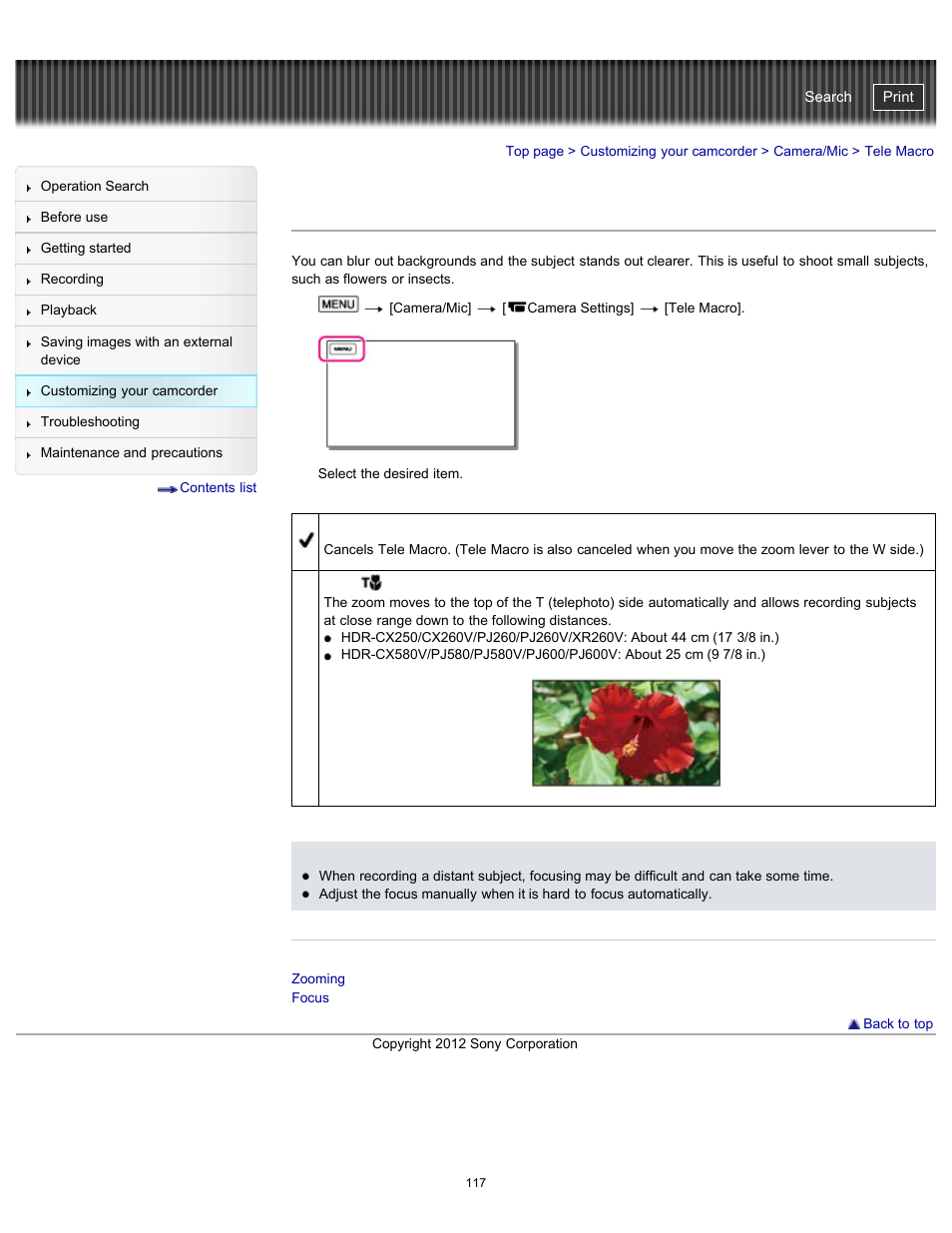 Tele macro, Handycam" user guide | Sony HDR-PJ580V User Manual | Page 126 / 257