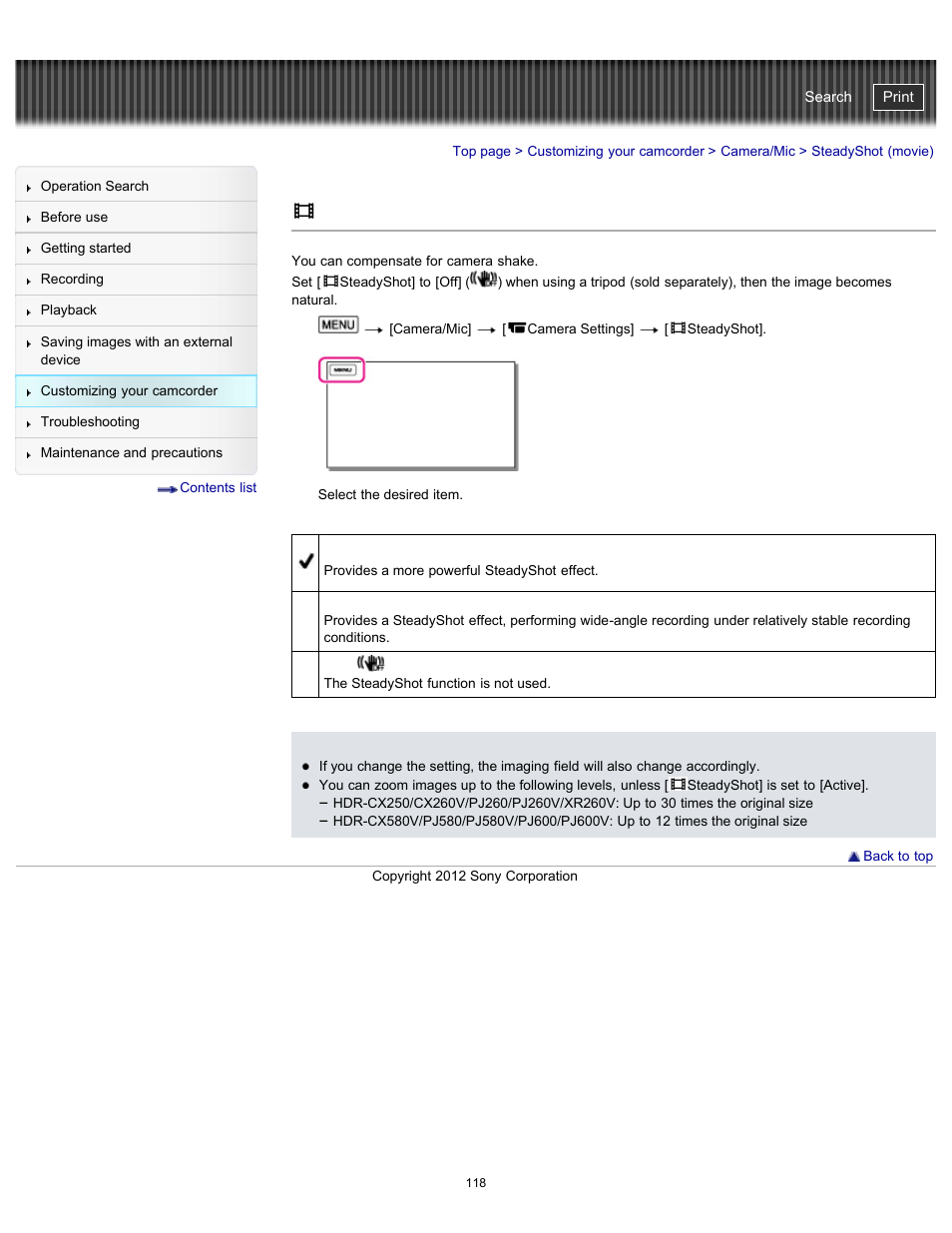 Steadyshot (movie), Handycam" user guide | Sony HDR-PJ580V User Manual | Page 127 / 257