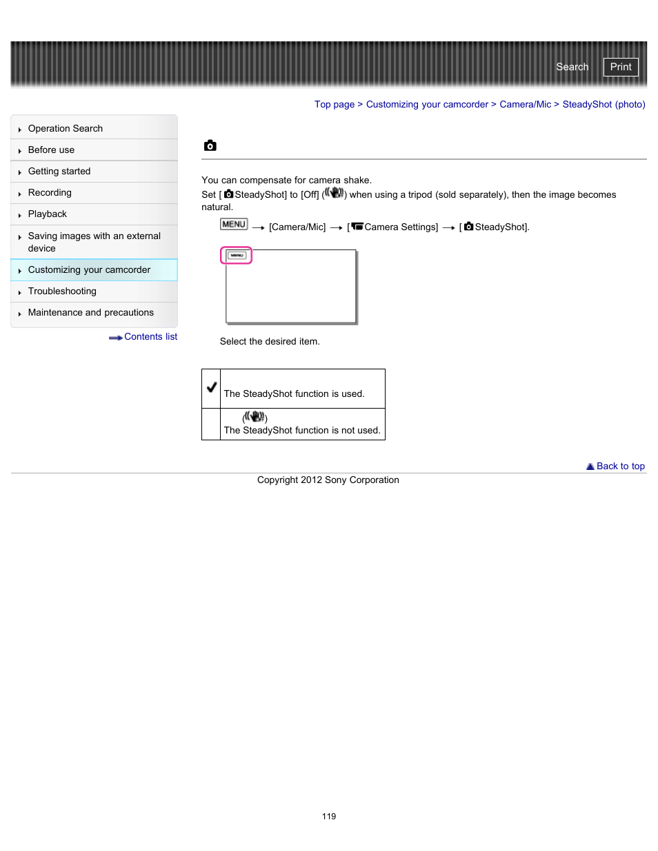 Steadyshot (photo), Handycam" user guide | Sony HDR-PJ580V User Manual | Page 128 / 257