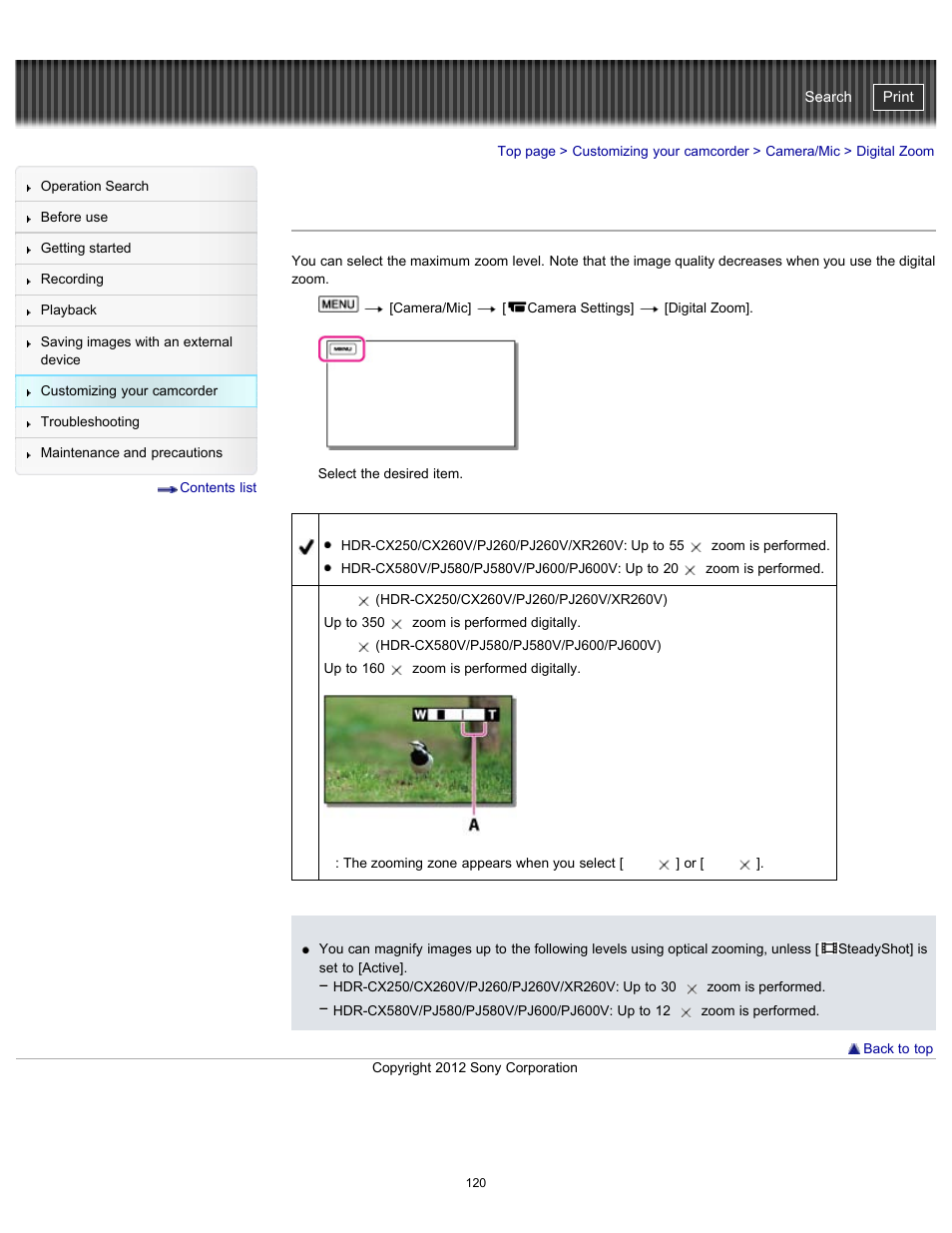 Digital zoom, Handycam" user guide | Sony HDR-PJ580V User Manual | Page 129 / 257