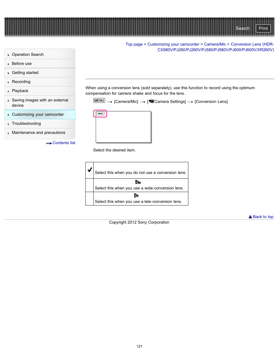 Conversion lens, Handycam" user guide | Sony HDR-PJ580V User Manual | Page 130 / 257