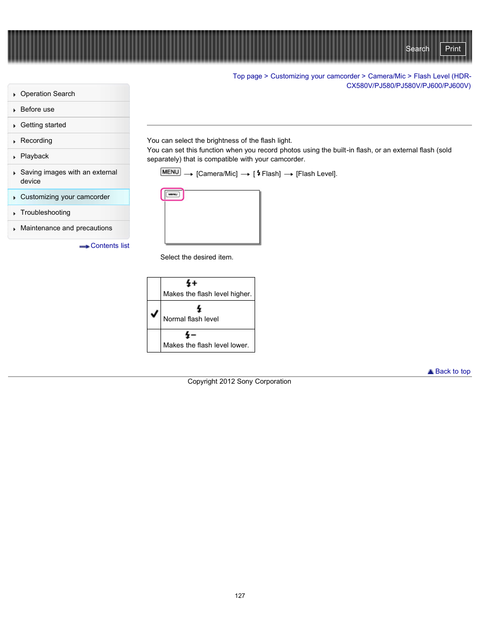 Flash level (hdr-cx580v/pj580/pj580v/pj600/pj600v), Handycam" user guide | Sony HDR-PJ580V User Manual | Page 136 / 257