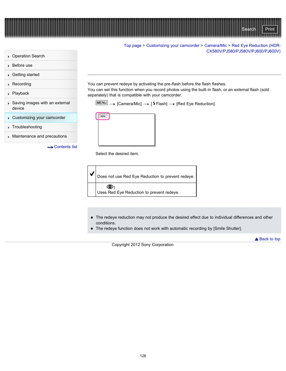 Red eye reduction, Handycam" user guide | Sony HDR-PJ580V User Manual | Page 137 / 257