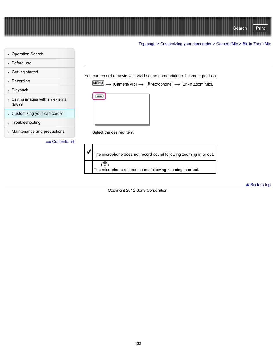 Blt-in zoom mic, Handycam" user guide | Sony HDR-PJ580V User Manual | Page 139 / 257