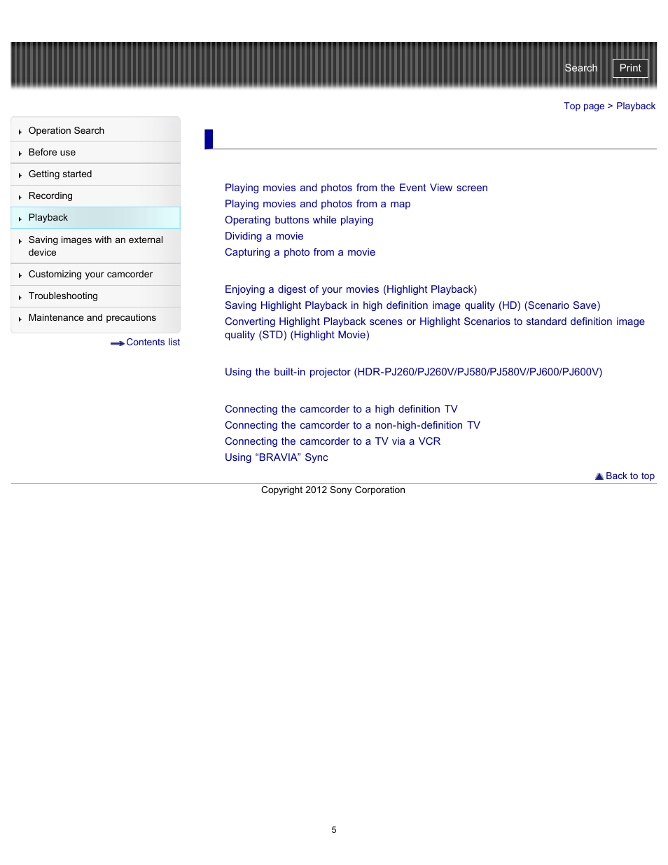 Playback, Highlight playback, Playing images on a tv | Sony HDR-PJ580V User Manual | Page 14 / 257
