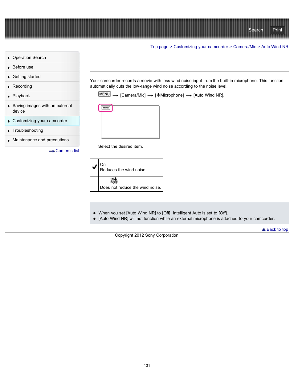 Auto wind nr, Handycam" user guide | Sony HDR-PJ580V User Manual | Page 140 / 257