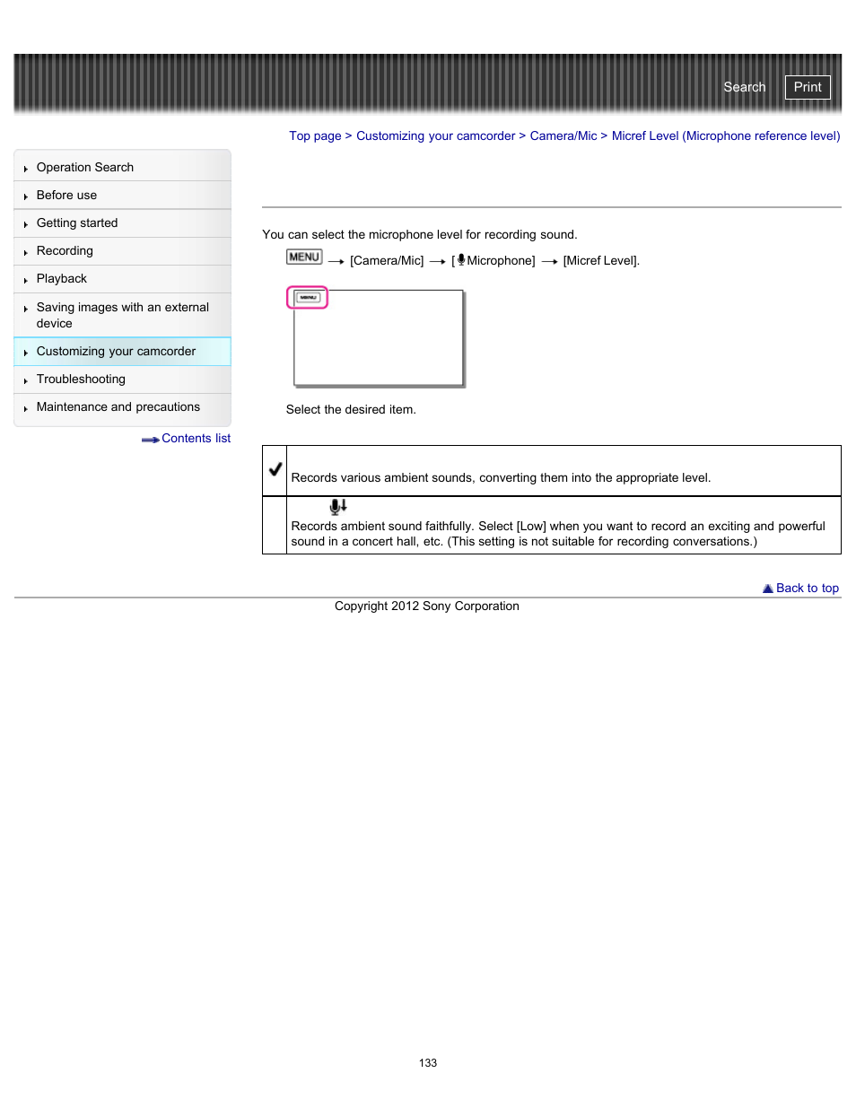 Micref level, Micref level (microphone reference level), Handycam" user guide | Sony HDR-PJ580V User Manual | Page 142 / 257