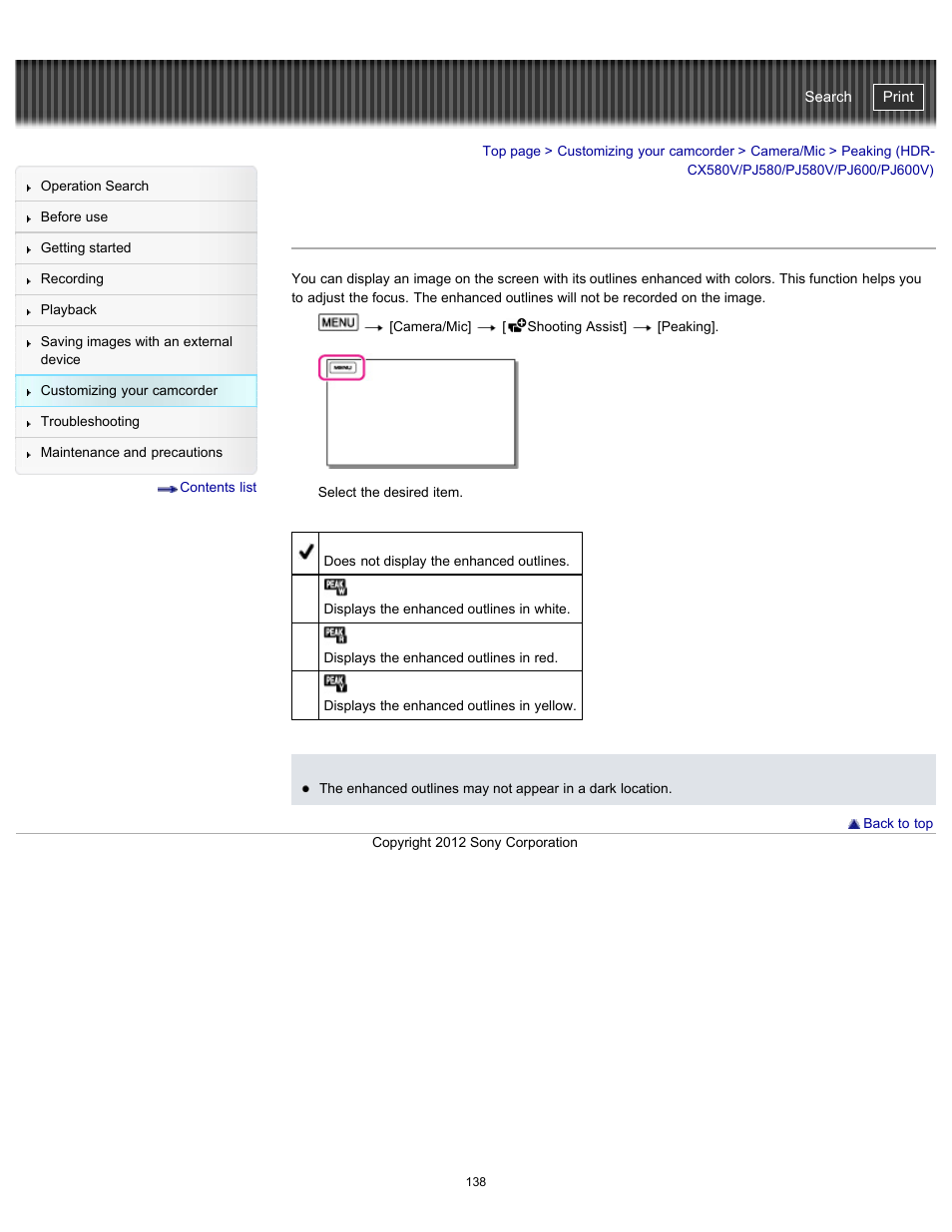 Peaking, Peaking (hdr-cx580v/pj580/pj580v/pj600/pj600v), Handycam" user guide | Sony HDR-PJ580V User Manual | Page 147 / 257