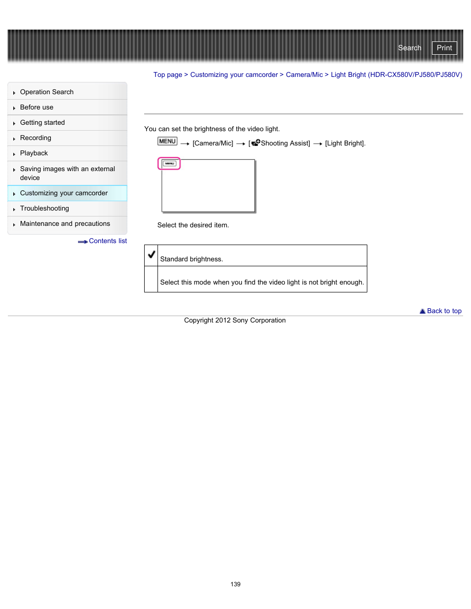 Light bright, Light bright (hdr-cx580v/pj580/pj580v), Handycam" user guide | Sony HDR-PJ580V User Manual | Page 148 / 257