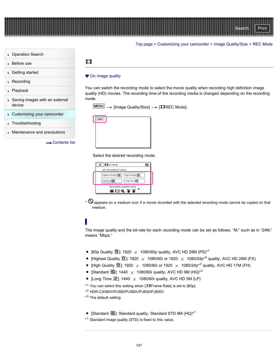 Rec mode, On image quality, Handycam" user guide | Sony HDR-PJ580V User Manual | Page 150 / 257