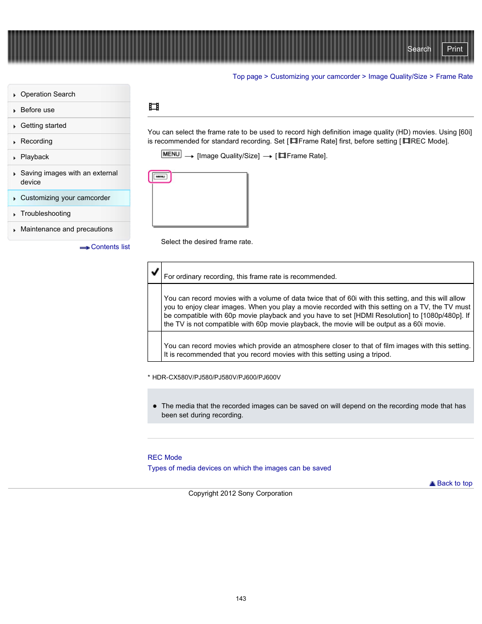 Frame rate, Handycam" user guide | Sony HDR-PJ580V User Manual | Page 152 / 257