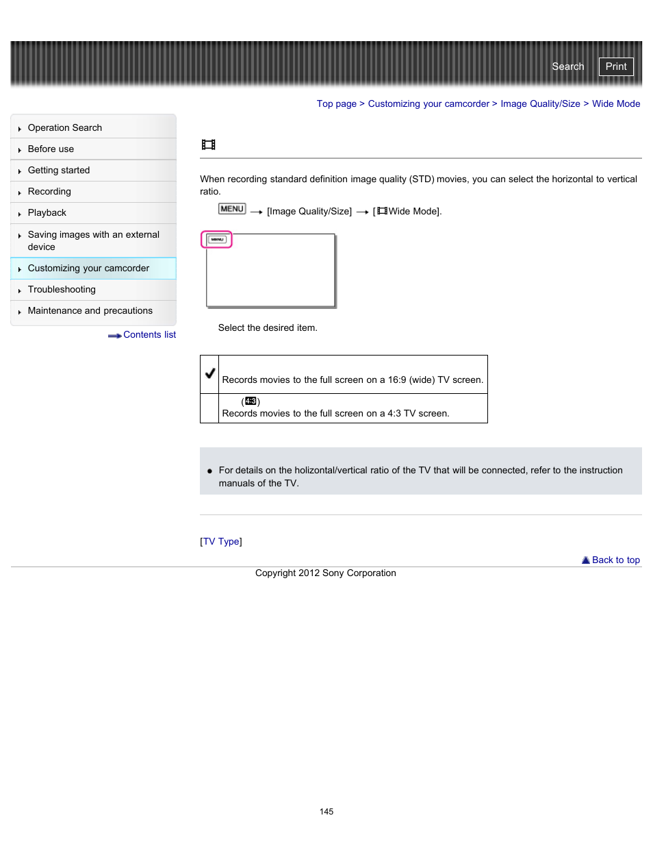 Wide mode, Handycam" user guide | Sony HDR-PJ580V User Manual | Page 154 / 257