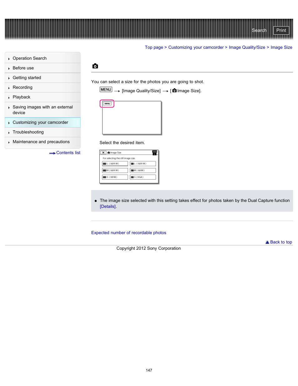 Image size, Handycam" user guide | Sony HDR-PJ580V User Manual | Page 156 / 257