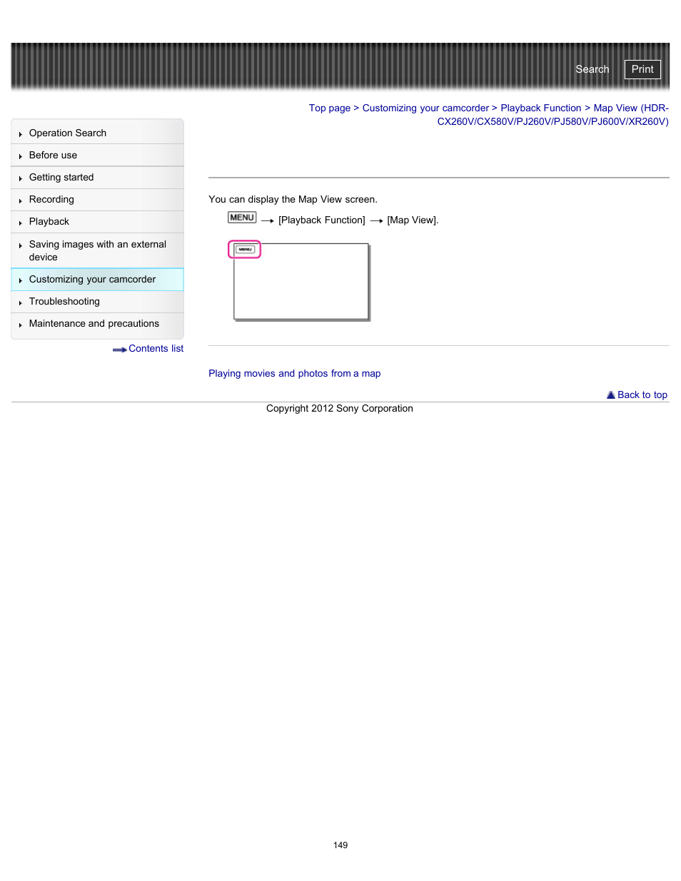 Map view, Handycam" user guide | Sony HDR-PJ580V User Manual | Page 158 / 257