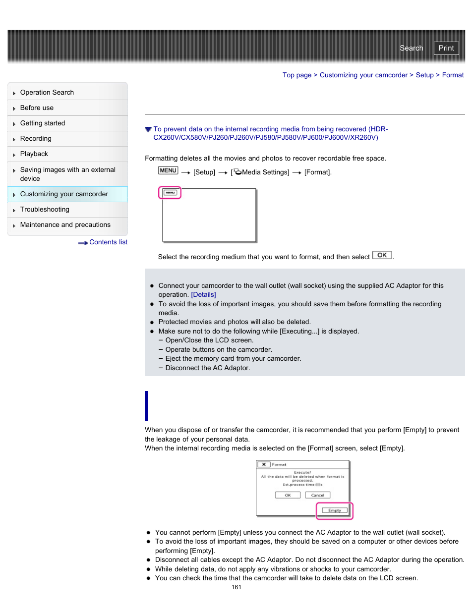 Format, Recovered, Details | Handycam" user guide | Sony HDR-PJ580V User Manual | Page 170 / 257