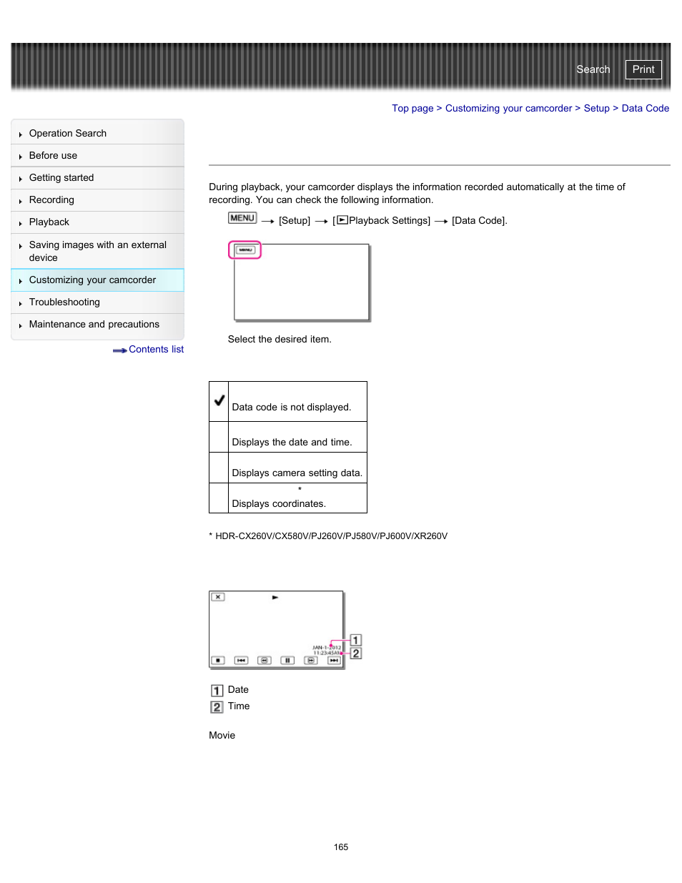 Data code, Handycam" user guide | Sony HDR-PJ580V User Manual | Page 174 / 257