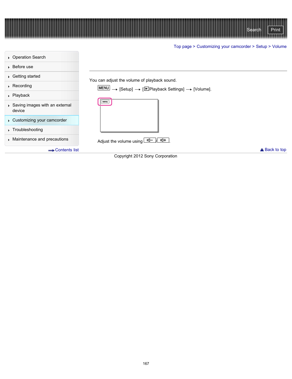 Volume, Handycam" user guide | Sony HDR-PJ580V User Manual | Page 176 / 257