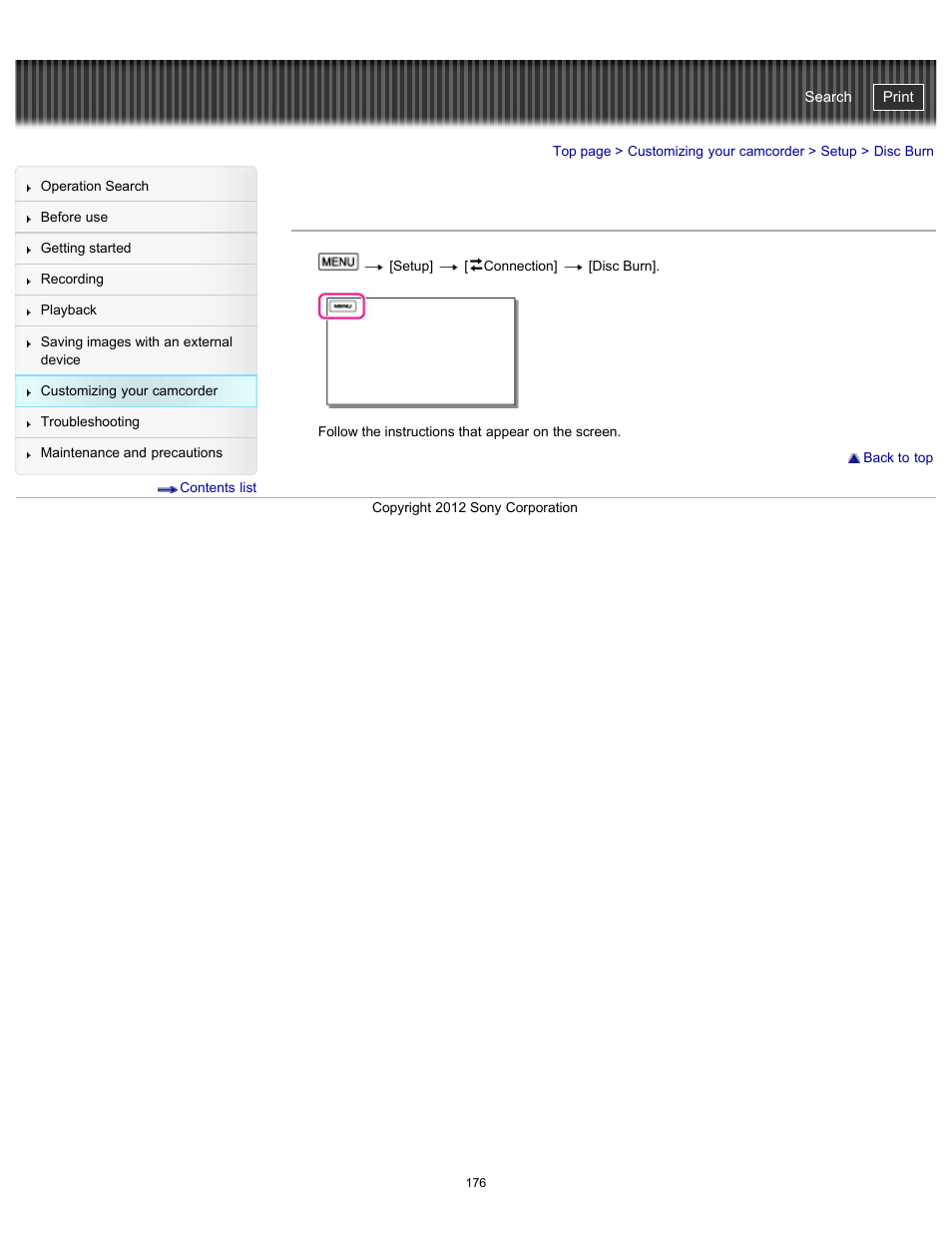 Disc burn, Handycam" user guide | Sony HDR-PJ580V User Manual | Page 185 / 257