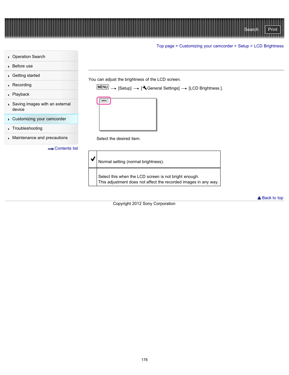 Lcd brightness, Handycam" user guide | Sony HDR-PJ580V User Manual | Page 187 / 257