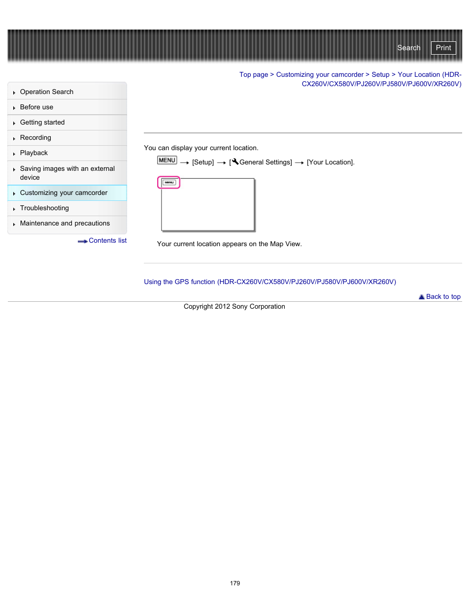Your location, Handycam" user guide | Sony HDR-PJ580V User Manual | Page 188 / 257