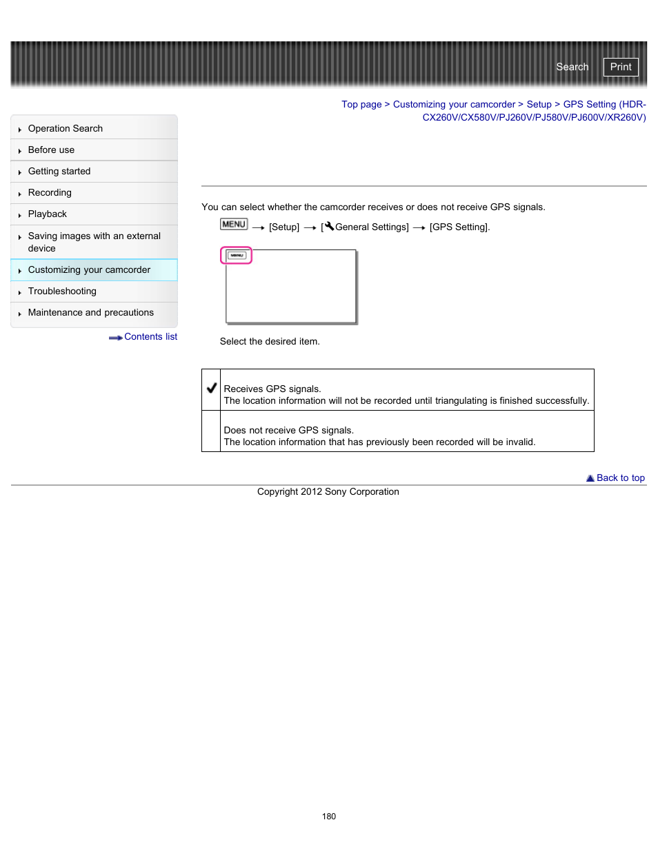 Gps setting, Handycam" user guide | Sony HDR-PJ580V User Manual | Page 189 / 257