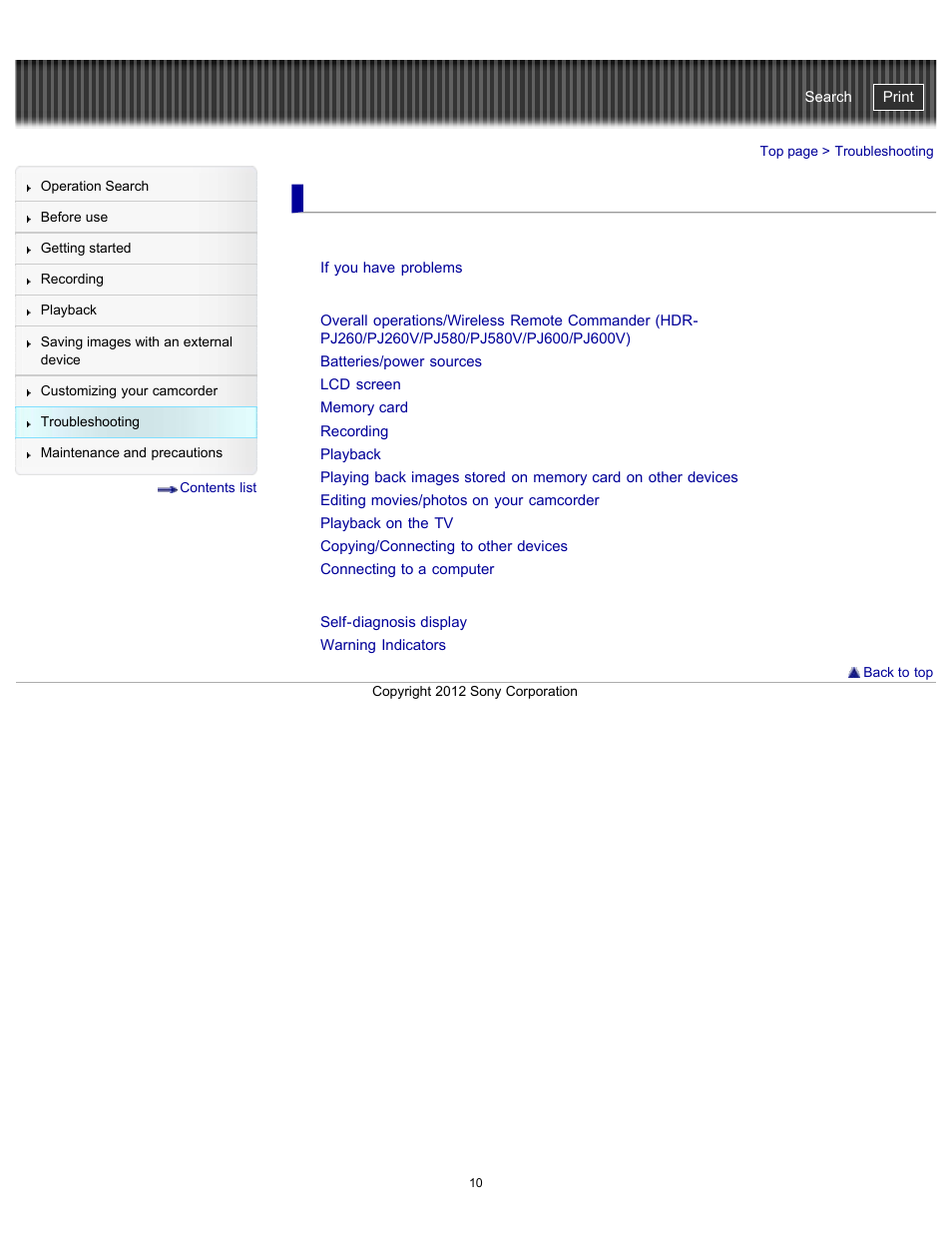 Troubleshooting, Self-diagnosis display/warning indicators | Sony HDR-PJ580V User Manual | Page 19 / 257