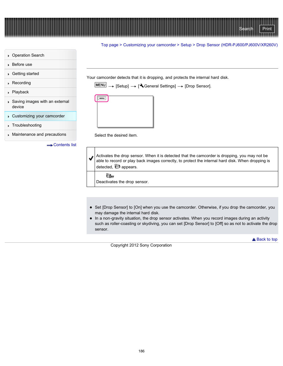 Drop sensor, Drop sensor (hdr-pj600/pj600v/xr260v), Handycam" user guide | Sony HDR-PJ580V User Manual | Page 195 / 257