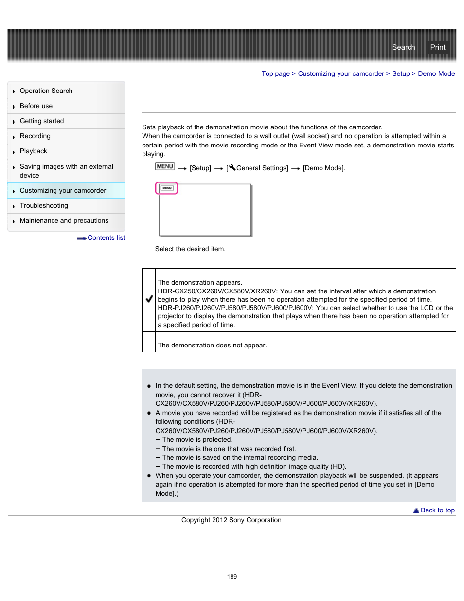 Demo mode, Handycam" user guide | Sony HDR-PJ580V User Manual | Page 198 / 257