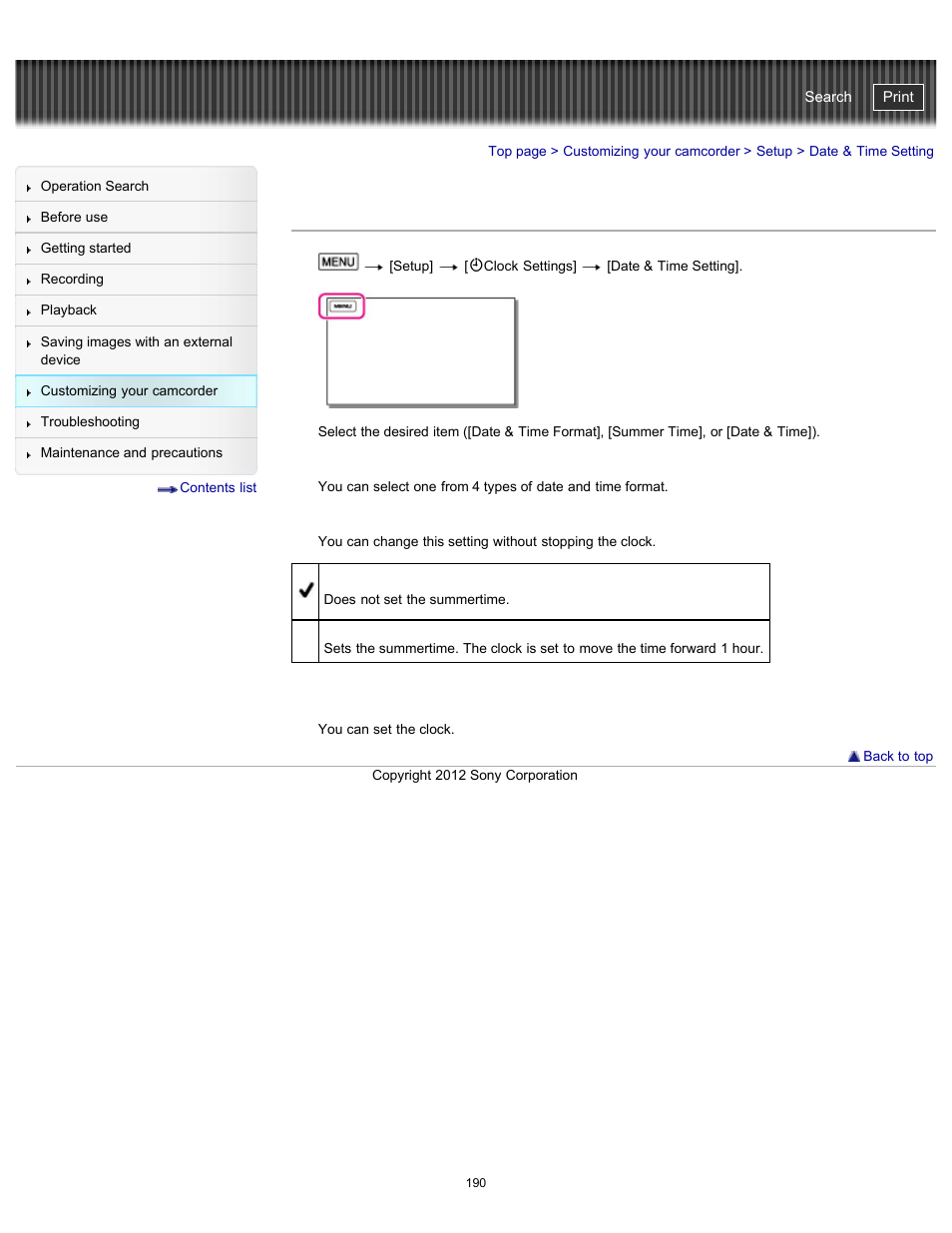 Date & time setting, Handycam" user guide | Sony HDR-PJ580V User Manual | Page 199 / 257