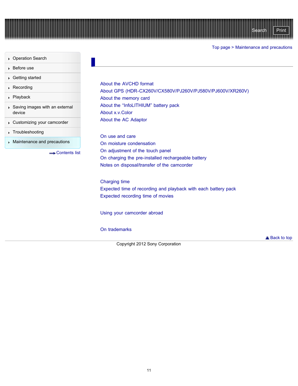 Maintenance and precautions, About handling of your camcorder | Sony HDR-PJ580V User Manual | Page 20 / 257