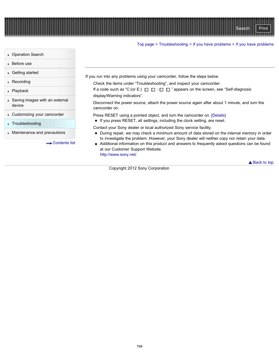 If you have problems, Handycam" user guide | Sony HDR-PJ580V User Manual | Page 203 / 257