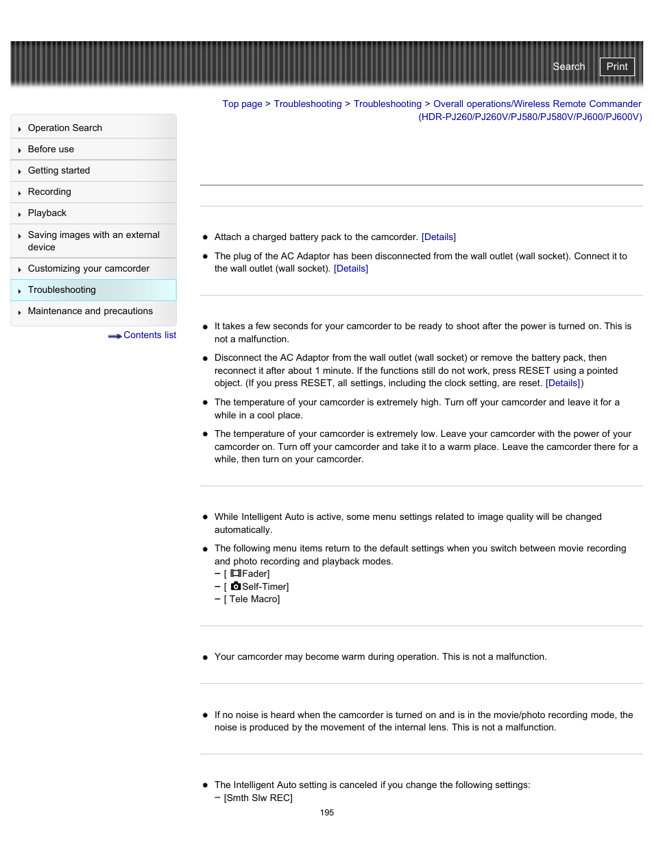 Overall operations/wireless remote commander, Overall operations/wireless remote commander (hdr, Pj260/pj260v/pj580/pj580v/pj600/pj600v) | Handycam" user guide | Sony HDR-PJ580V User Manual | Page 204 / 257